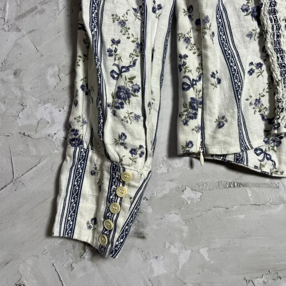 Reformation Linen Smocked Puff Sleeve Top SIZE 2 White Blue Floral